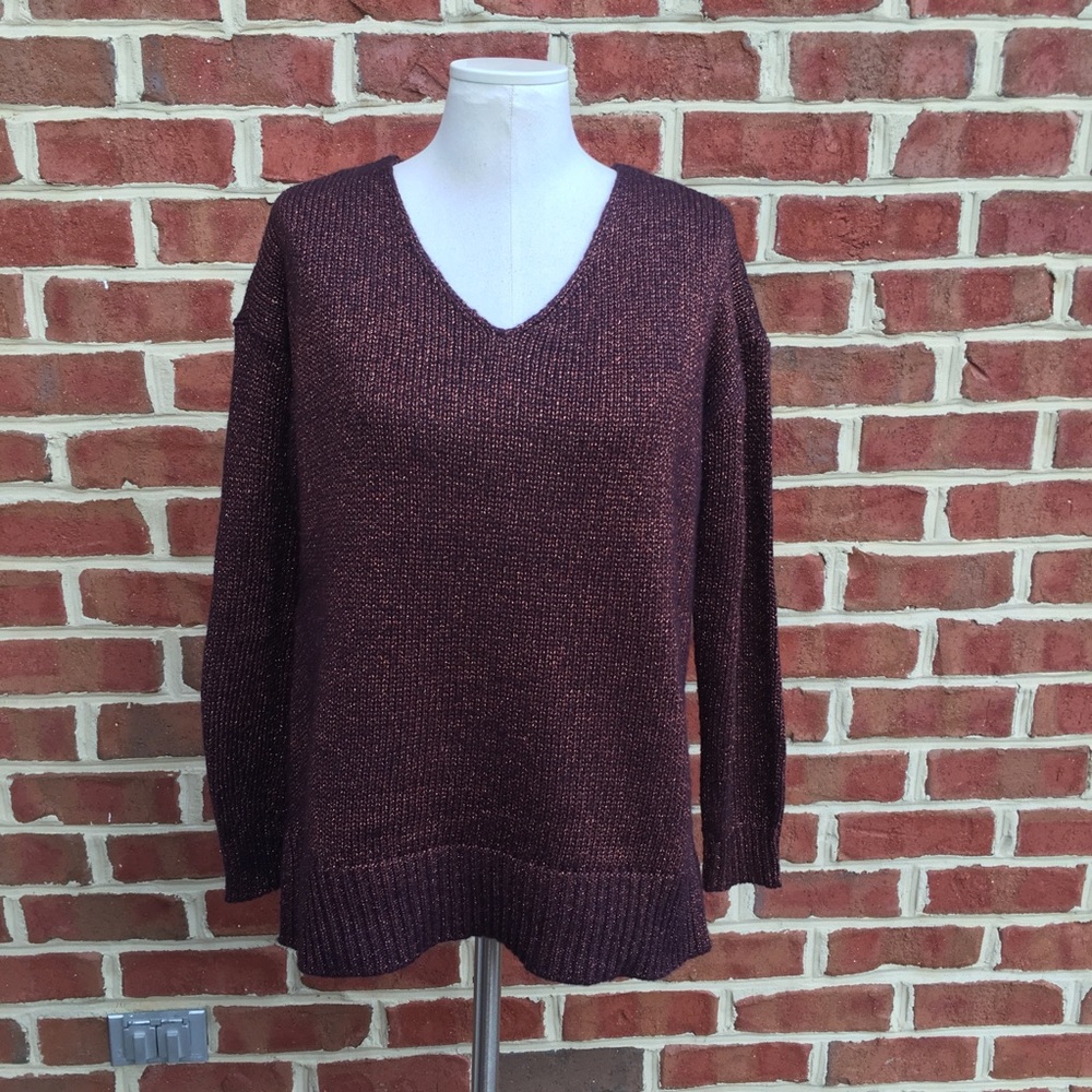 LOFT Maroon Shimmer V-Neck Medium Weight Sweater